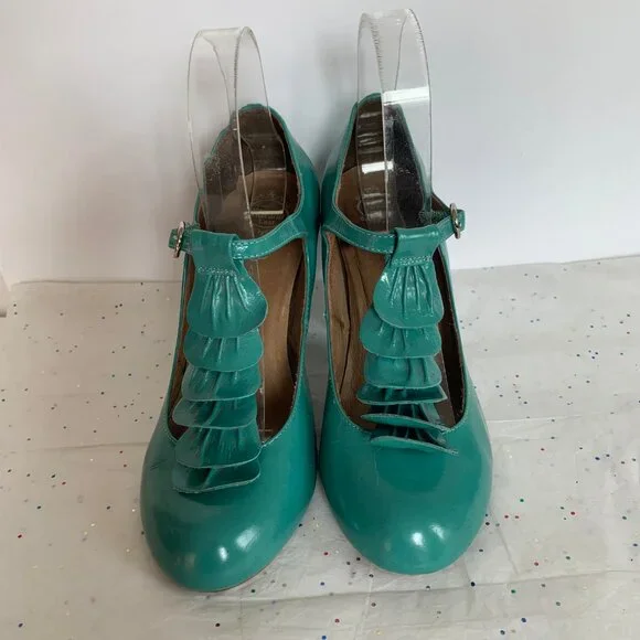 Jeffrey Campbell Y2K Frill Teal Blue Green Ruffle T strap Retro Inspired Pump 7 - Picture 4 of 10